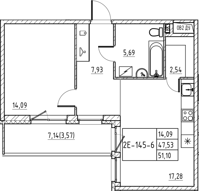 Планировка — Энфилд, 2-комн., 48 м²