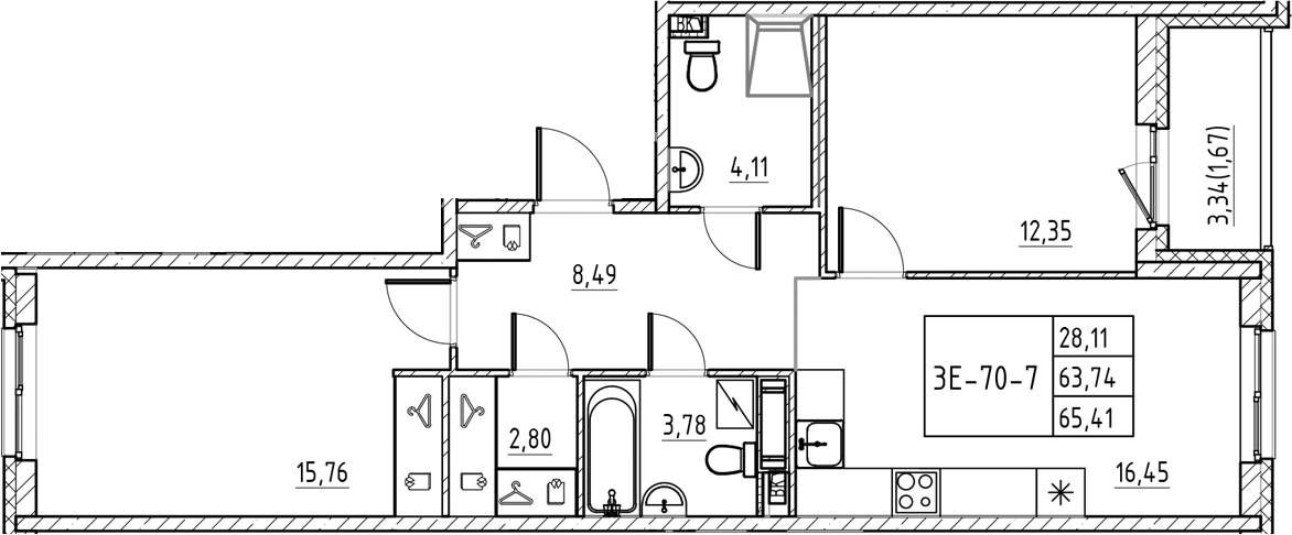 Планировка — Энфилд, 3-комн., 64 м²