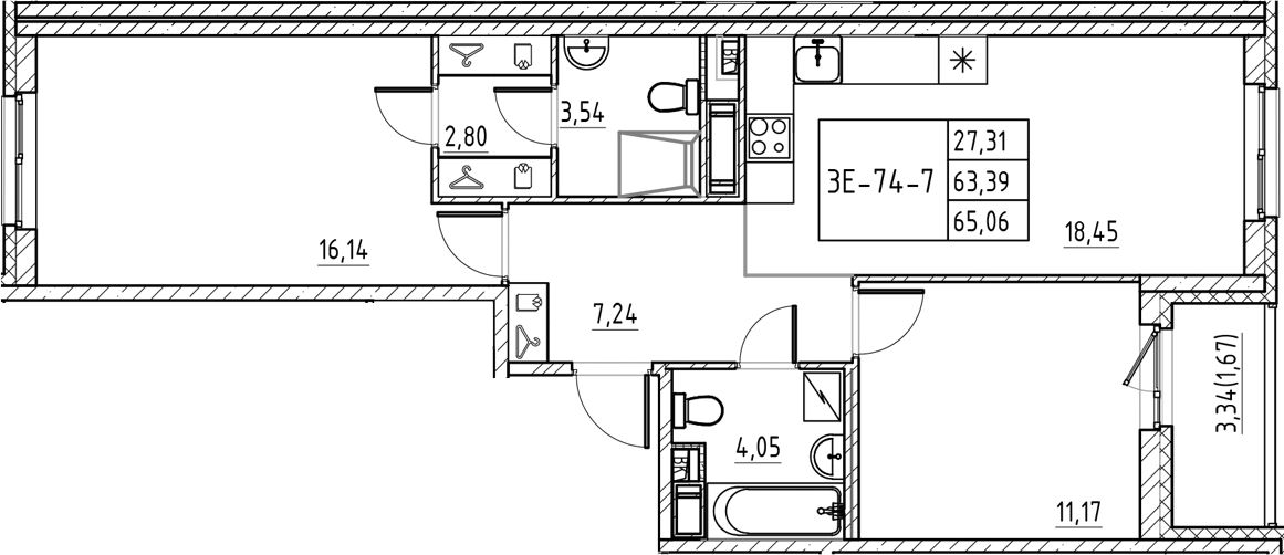 Планировка — Энфилд, 3-комн., 63 м²