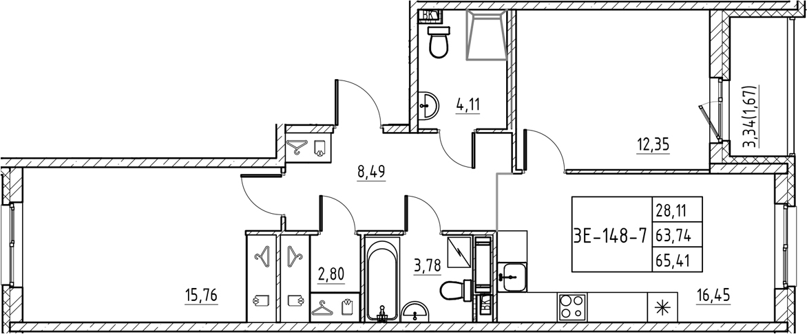 Планировка — Энфилд, 3-комн., 64 м²