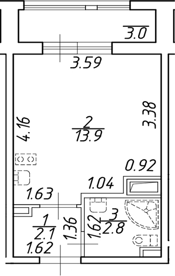 Планировка — Аэросити, Студия, 19 м²