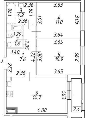 Планировка — Аэросити, 2-комн., 50 м²
