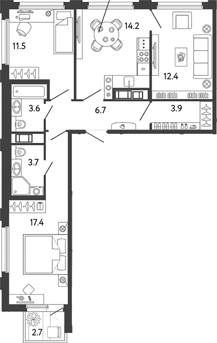 Планировка — Гений, 3-комн., 73 м²