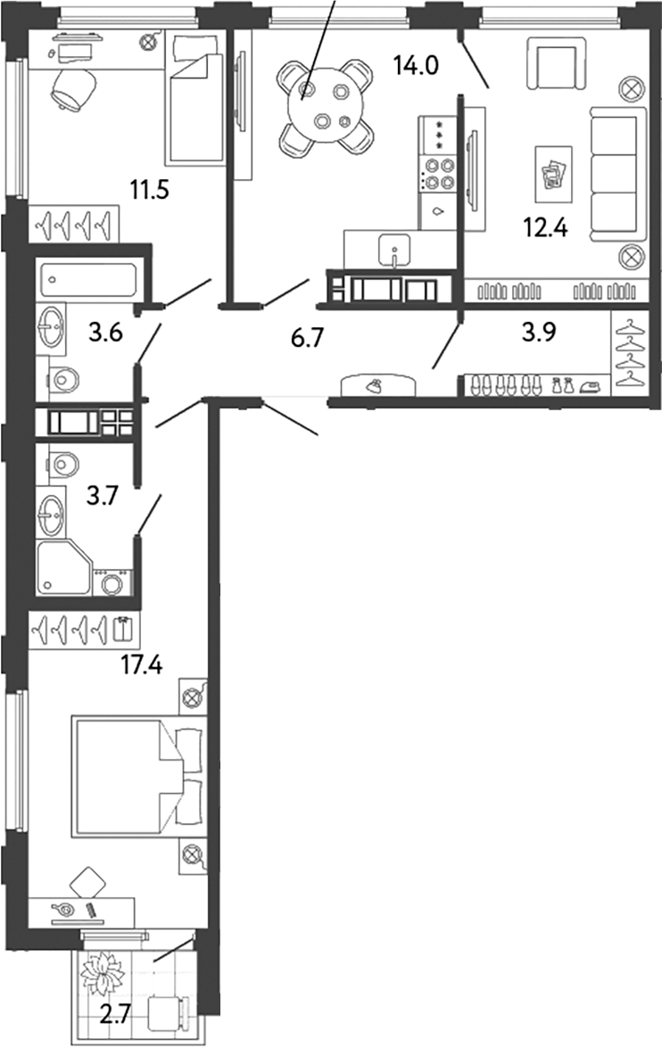 Планировка — Гений, 3-комн., 73 м²