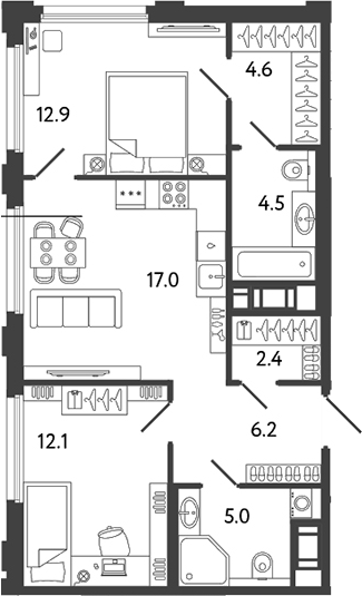 Планировка — Гений, 3-комн., 65 м²