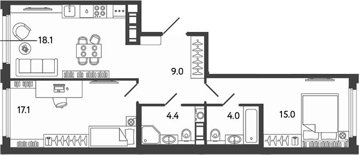 Планировка — Гений, 3-комн., 68 м²
