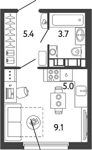 Планировка — Гений, Студия, 23 м²