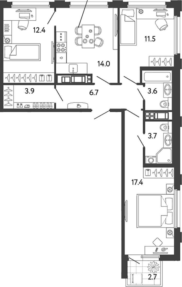 Планировка — Гений, 3-комн., 73 м²