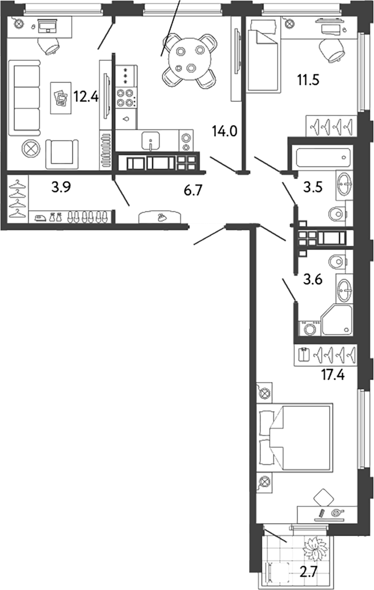 Планировка — Гений, 3-комн., 73 м²