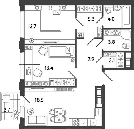 Планировка — Гений, 3-комн., 68 м²