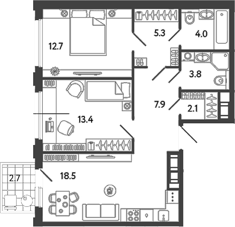 Планировка — Гений, 3-комн., 68 м²