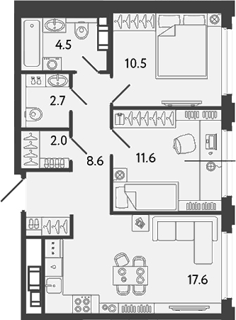 Планировка — Гений, 3-комн., 58 м²