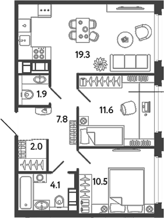 Планировка — Гений, 3-комн., 57 м²