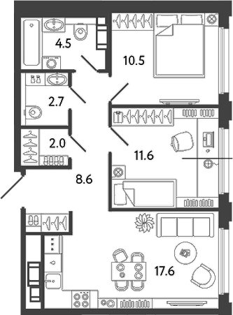 Планировка — Гений, 3-комн., 58 м²