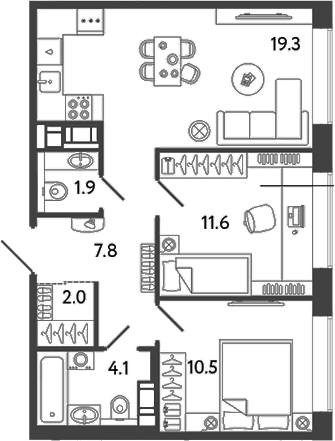 Планировка — Гений, 3-комн., 57 м²