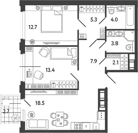 Планировка — Гений, 3-комн., 68 м²