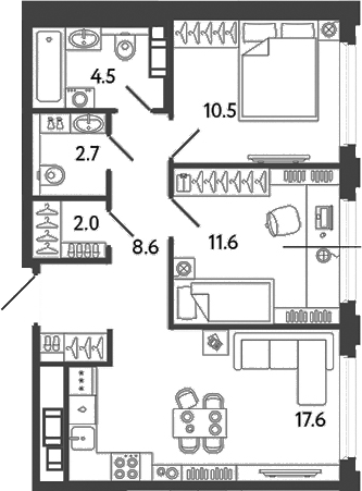 Планировка — Гений, 3-комн., 58 м²