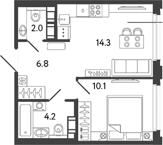 Планировка — Гений, 1-комн., 37 м²