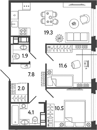 Планировка — Гений, 3-комн., 57 м²