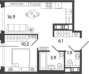Планировка — Гений, 2-комн., 39 м²