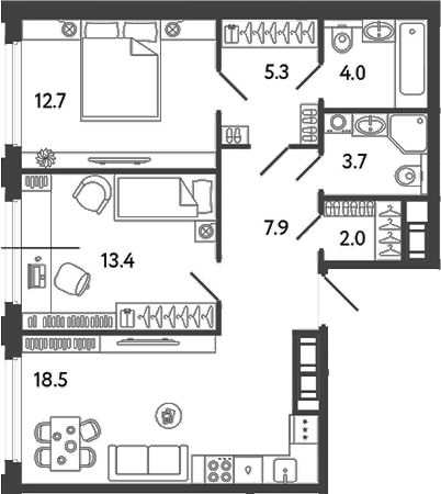 Планировка — Гений, 3-комн., 68 м²