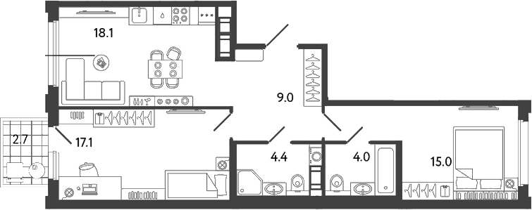 Планировка — Гений, 3-комн., 68 м²
