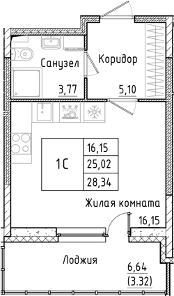 Планировка — Аквилон РекаПарк, Студия, 25 м²