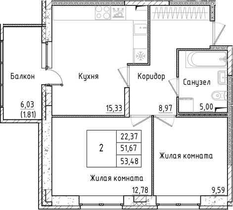 Планировка — Аквилон РекаПарк, 3-комн., 52 м²