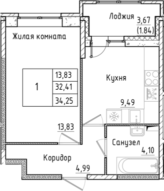 Планировка — Аквилон РекаПарк, 1-комн., 32 м²