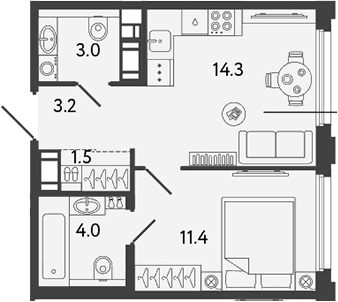 Планировка — Гений, 1-комн., 37 м²