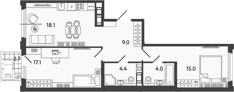 Планировка — Гений, 3-комн., 68 м²
