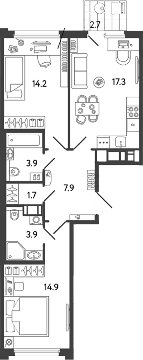 Планировка — Гений, 3-комн., 64 м²
