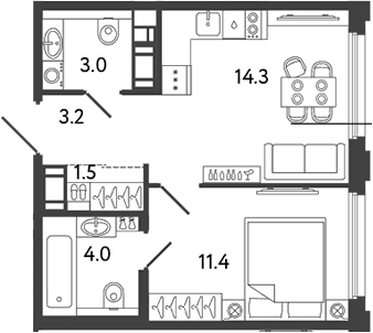 Планировка — Гений, 1-комн., 37 м²