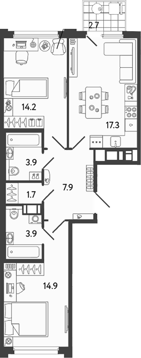 Планировка — Гений, 3-комн., 64 м²