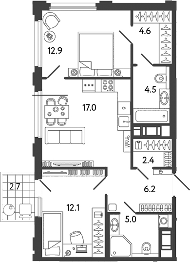 Планировка — Гений, 3-комн., 65 м²