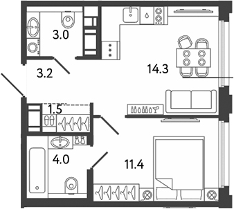 Планировка — Гений, 1-комн., 37 м²
