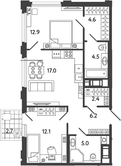 Планировка — Гений, 3-комн., 65 м²