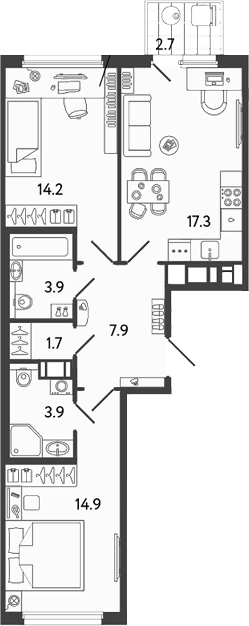 Планировка — Гений, 3-комн., 64 м²