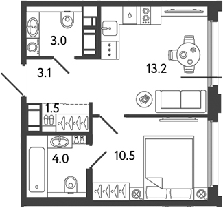 Планировка — Гений, 1-комн., 35 м²