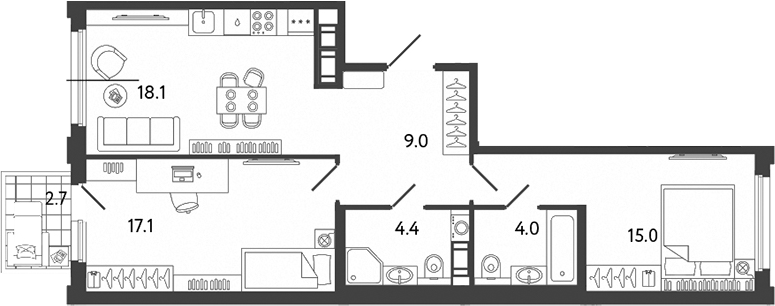 Планировка — Гений, 3-комн., 68 м²