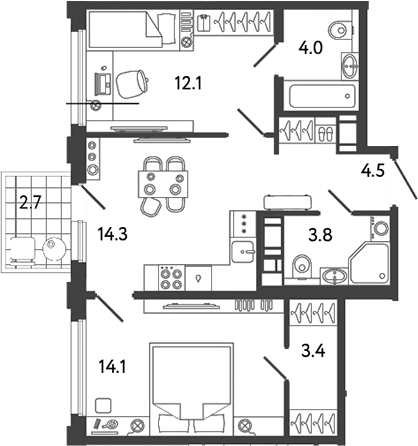 Планировка — Гений, 2-комн., 56 м²