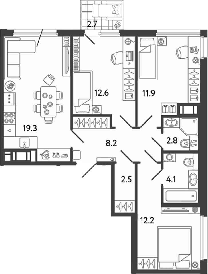 Планировка — Гений, 4-комн., 74 м²