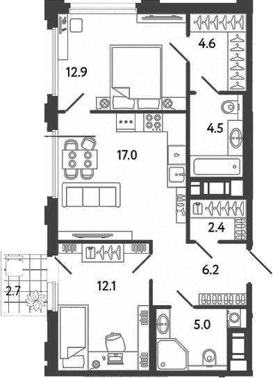 Планировка — Гений, 3-комн., 65 м²