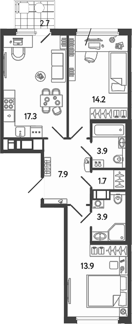 Планировка — Гений, 3-комн., 63 м²