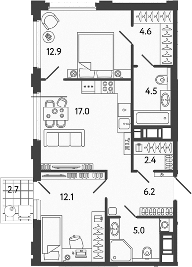 Планировка — Гений, 3-комн., 65 м²