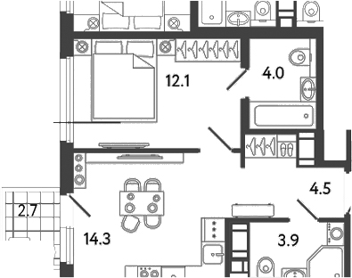 Планировка — Гений, 1-комн., 39 м²
