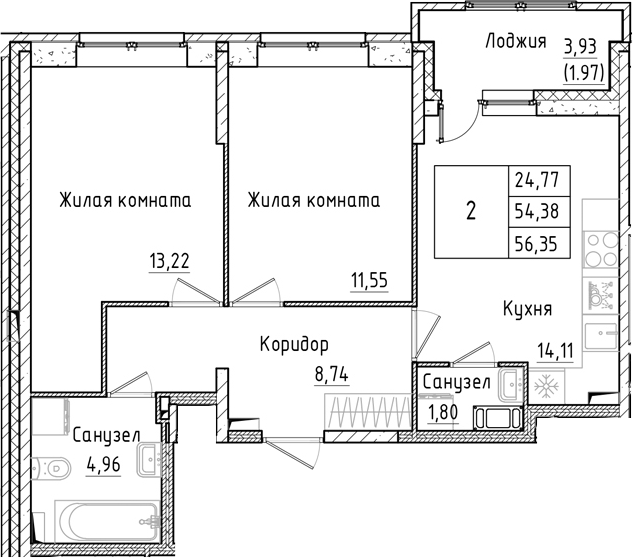 Планировка — Аквилон РекаПарк, 2-комн., 54 м²