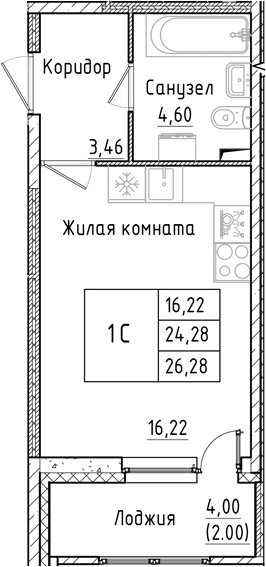 Планировка — Аквилон РекаПарк, Студия, 24 м²