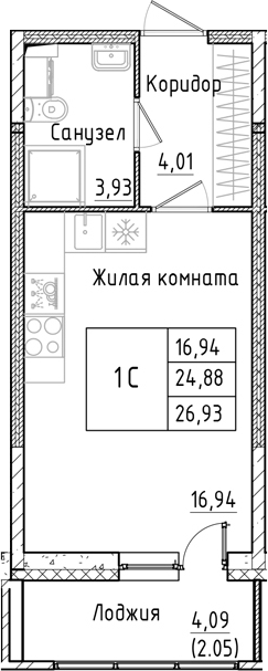 Планировка — Аквилон РекаПарк, Студия, 25 м²