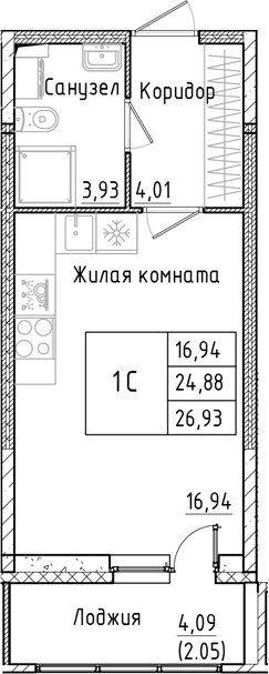 Планировка — Аквилон РекаПарк, Студия, 25 м²